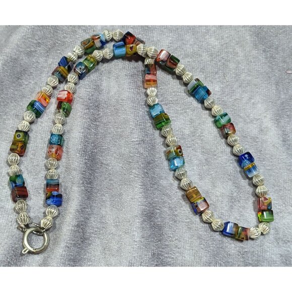 Millefiori Glass Cube And Silver Tone Beaded Necklace - Picture 6 of 6